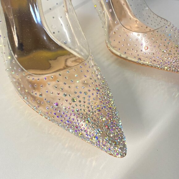 Badgley Mischka Gisela Rhinestone Clear PVC & Satin Stiletto Heels, size 9.5 - Picture 4 of 12